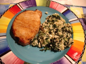 Quinoa with spinach and feta & garlic soy pork chop